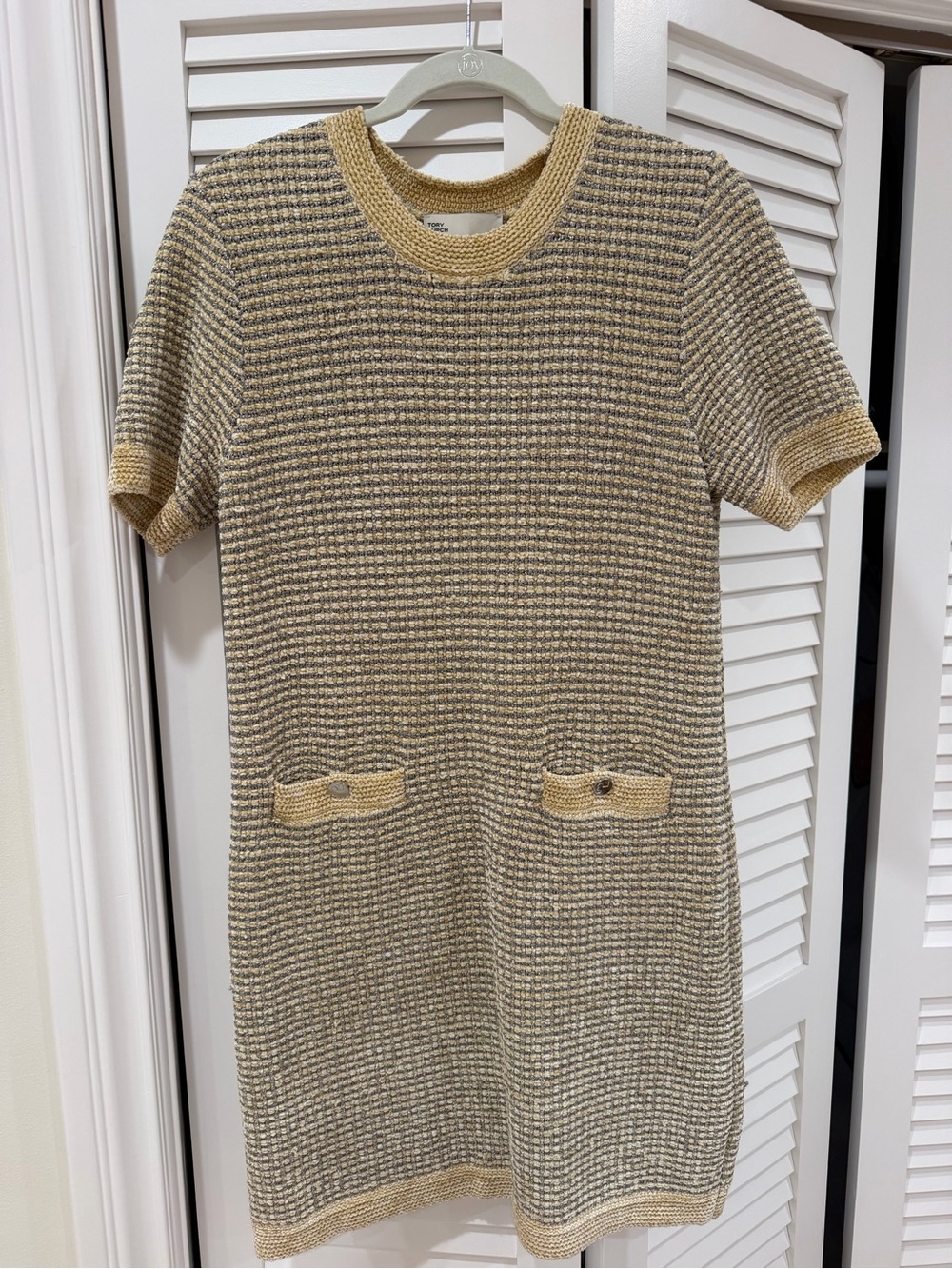 Tory Burch Knit Short-Sleeve Dress in Beige and silver